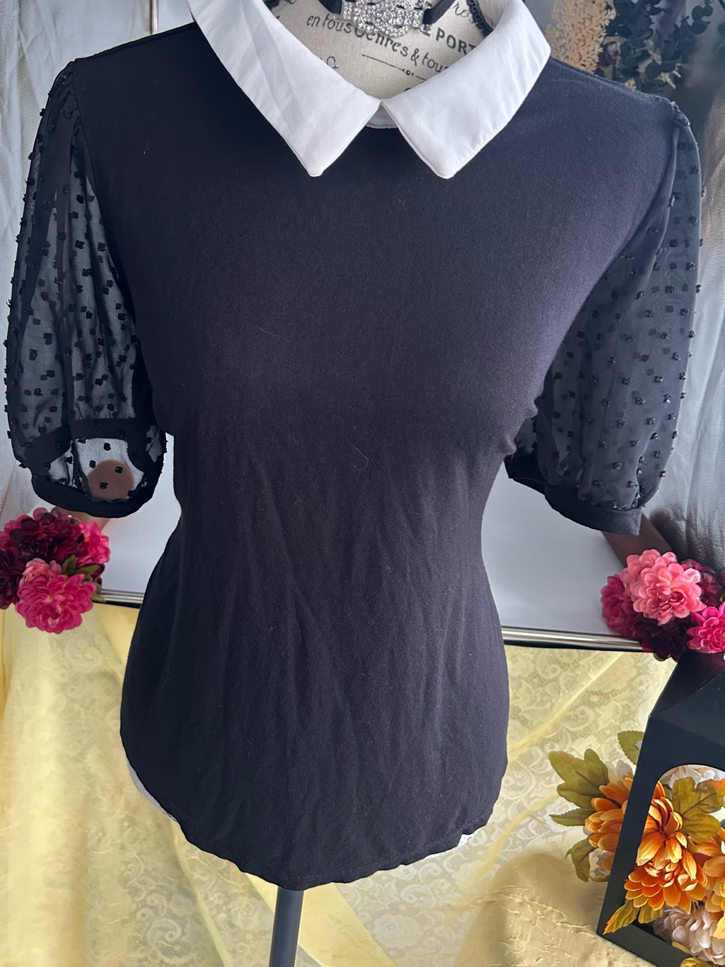 Misia Dark Romantic Quietluxury Black Peter Pan Collar Sheer Puff Sleeve Medtop